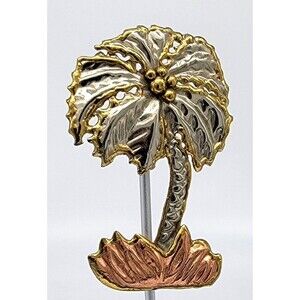 Coconut Palm Tree Brooch Pendant Mixed Metal Gold Tone & Copper Vintage Shiny!